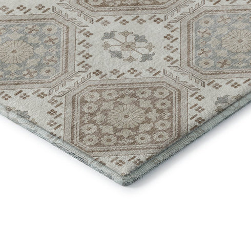 8' X 8' Ivory Brown And Gray Floral Washable Round Rug With UV Protection