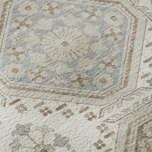 8' X 8' Ivory Brown And Gray Floral Washable Round Rug With UV Protection