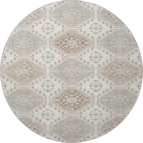 8' X 8' Ivory Brown And Gray Floral Washable Round Rug With UV Protection