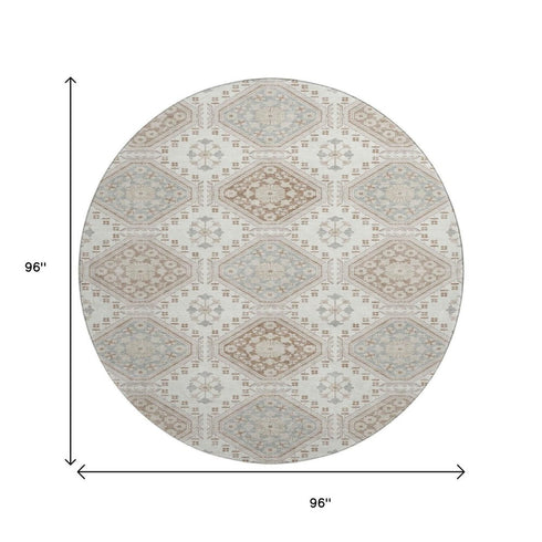 8' X 8' Ivory Brown And Gray Floral Washable Round Rug With UV Protection