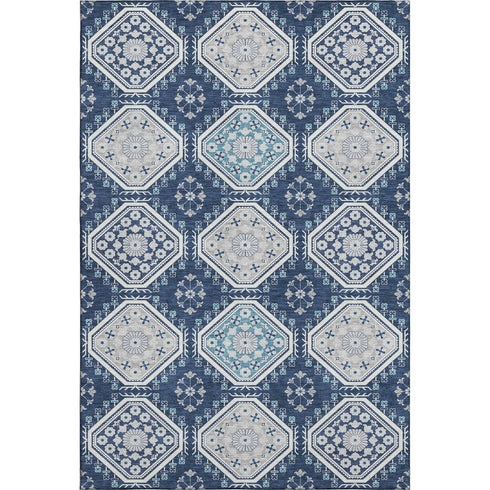5' X 8' Navy Blue And Ivory Floral Washable Area Rug With UV Protection