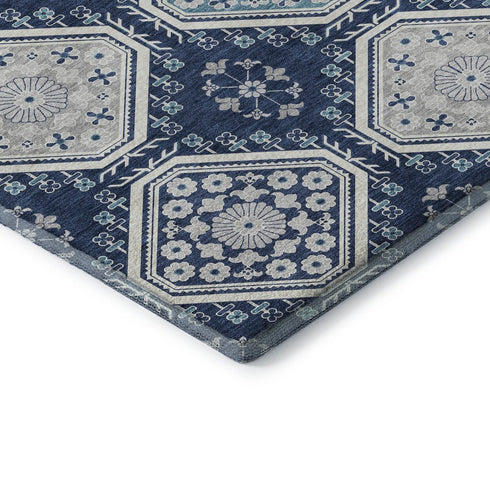 5' X 8' Navy Blue And Ivory Floral Washable Area Rug With UV Protection