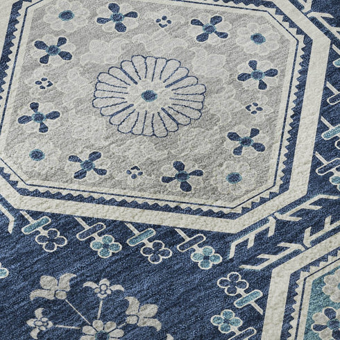 5' X 8' Navy Blue And Ivory Floral Washable Area Rug With UV Protection