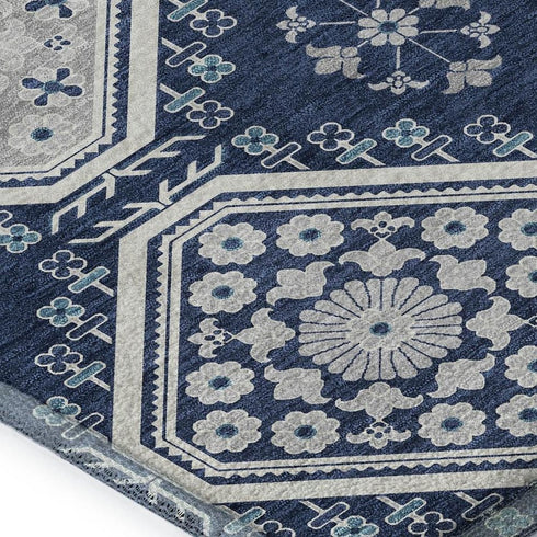 5' X 8' Navy Blue And Ivory Floral Washable Area Rug With UV Protection