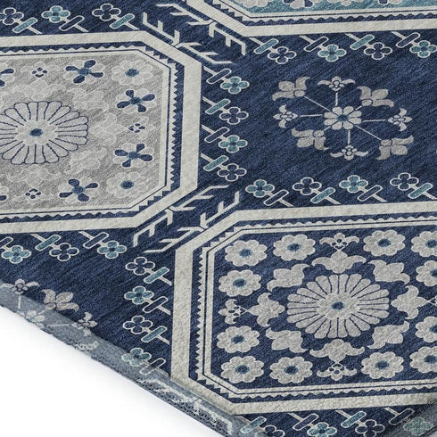 5' X 8' Navy Blue And Ivory Floral Washable Area Rug With UV Protection