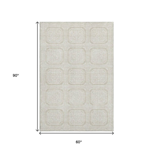 5' X 8' Beige Ivory And Taupe Geometric Washable Area Rug With UV Protection