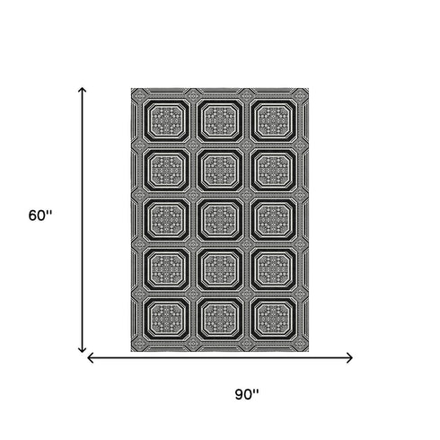 5' X 8' Black Ivory And Gray Geometric Washable Area Rug With UV Protection