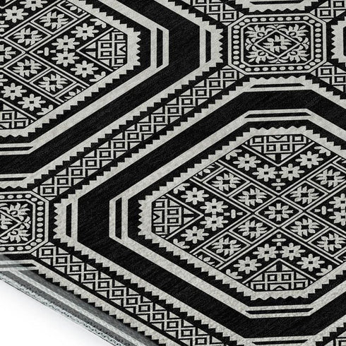 5' X 8' Black Ivory And Gray Geometric Washable Area Rug With UV Protection