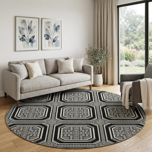 8' X 8' Black Ivory And Gray Geometric Washable Round Rug With UV Protection