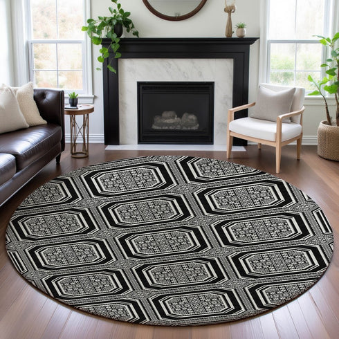 8' X 8' Black Ivory And Gray Geometric Washable Round Rug With UV Protection