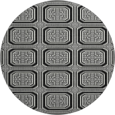 8' X 8' Black Ivory And Gray Geometric Washable Round Rug With UV Protection