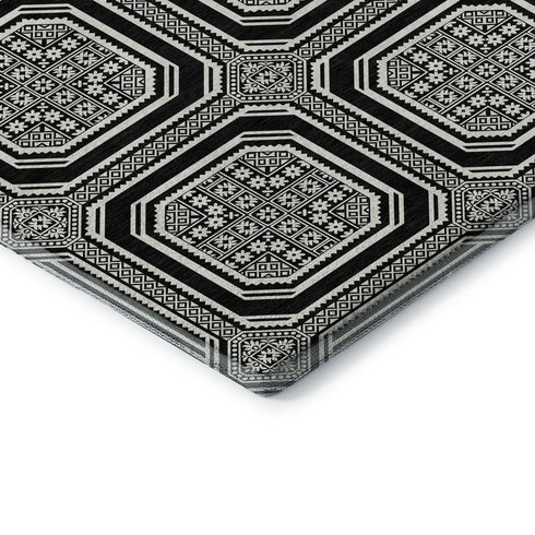 8' X 8' Black Ivory And Gray Geometric Washable Round Rug With UV Protection