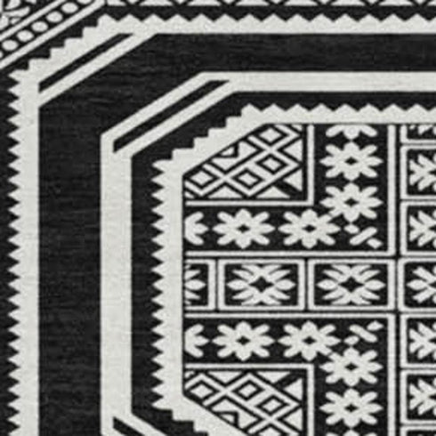 8' X 8' Black Ivory And Gray Geometric Washable Round Rug With UV Protection