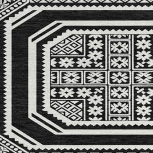 8' X 8' Black Ivory And Gray Geometric Washable Round Rug With UV Protection