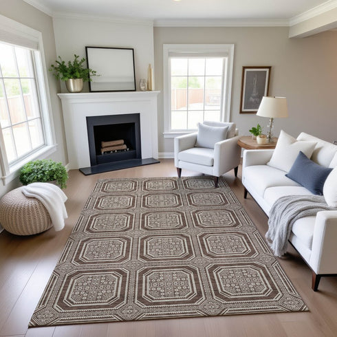 8' Brown Beige And Taupe Geometric Washable Area Rug With UV Protection