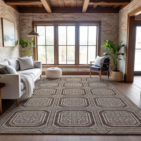 8' Brown Beige And Taupe Geometric Washable Area Rug With UV Protection