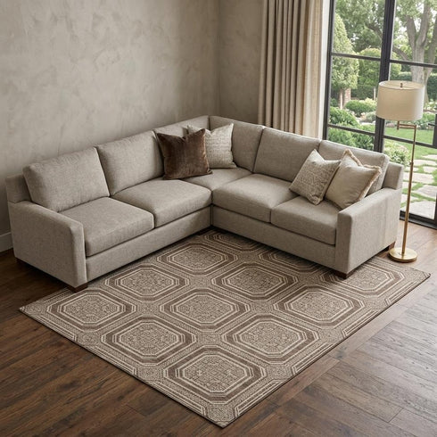 8' Brown Beige And Taupe Geometric Washable Area Rug With UV Protection