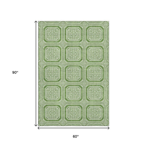 5' X 8' Green And Ivory Geometric Washable Area Rug With UV Protection