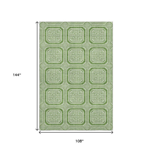 9' X 12' Green And Ivory Geometric Washable Area Rug With UV Protection