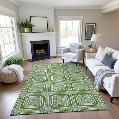9' X 12' Green And Ivory Geometric Washable Area Rug With UV Protection