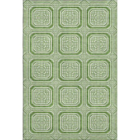 9' X 12' Green And Ivory Geometric Washable Area Rug With UV Protection