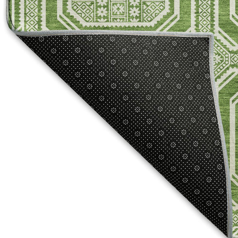 9' X 12' Green And Ivory Geometric Washable Area Rug With UV Protection