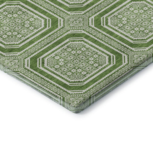 9' X 12' Green And Ivory Geometric Washable Area Rug With UV Protection