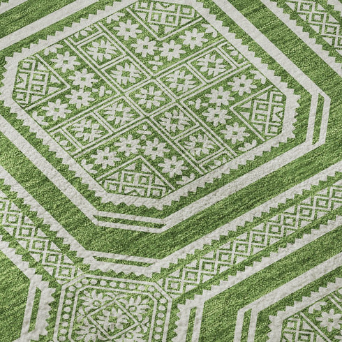 9' X 12' Green And Ivory Geometric Washable Area Rug With UV Protection