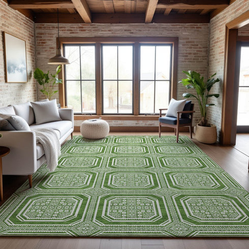 9' X 12' Green And Ivory Geometric Washable Area Rug With UV Protection