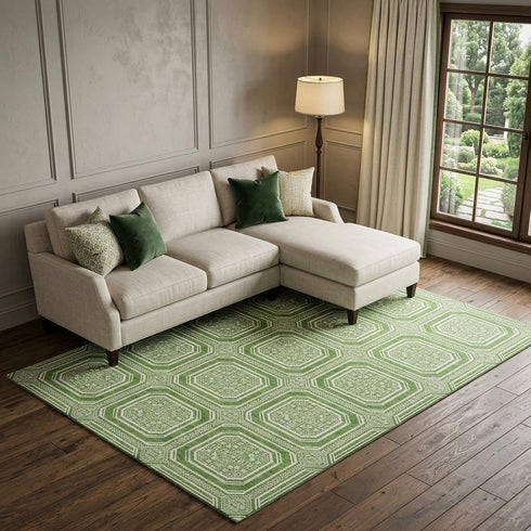 9' X 12' Green And Ivory Geometric Washable Area Rug With UV Protection