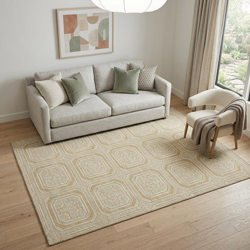 5' X 8' Gold And Ivory Geometric Washable Area Rug With UV Protection
