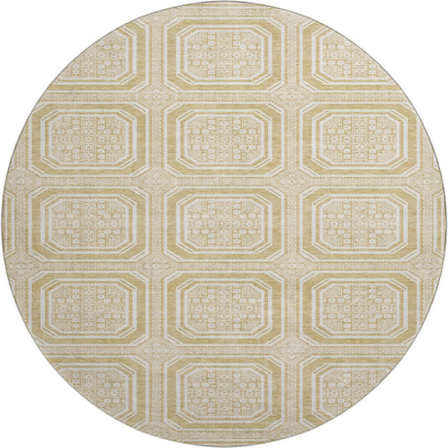 8' X 8' Gold And Ivory Geometric Washable Round Rug With UV Protection