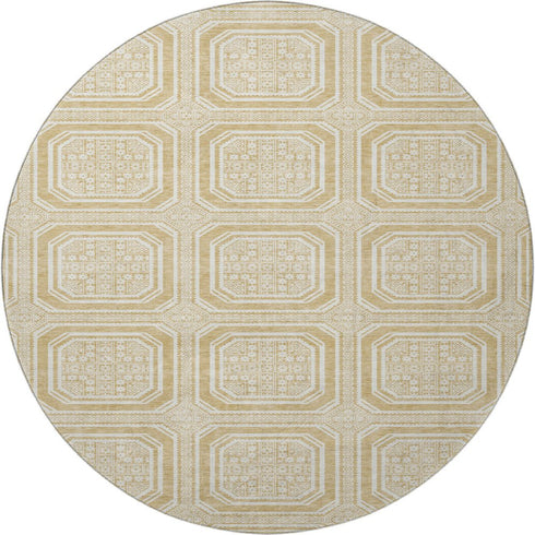 8' X 8' Gold And Ivory Geometric Washable Round Rug With UV Protection