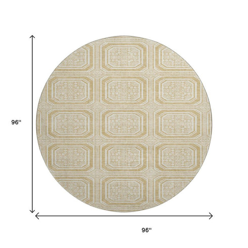 8' X 8' Gold And Ivory Geometric Washable Round Rug With UV Protection