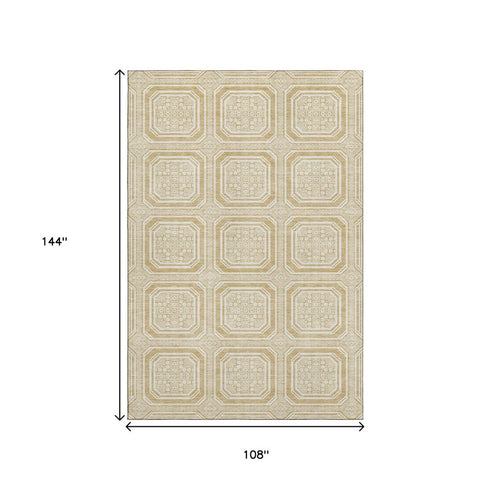 9' X 12' Gold And Ivory Geometric Washable Area Rug With UV Protection