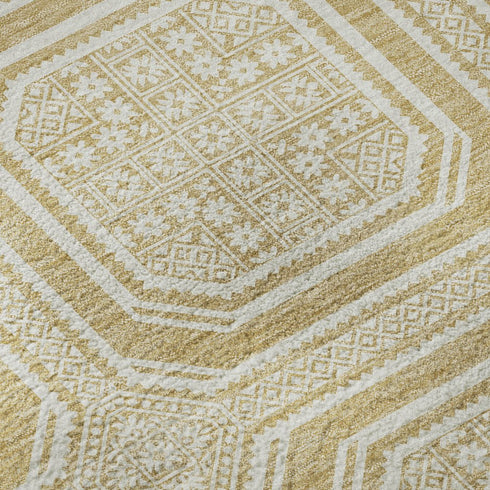 9' X 12' Gold And Ivory Geometric Washable Area Rug With UV Protection