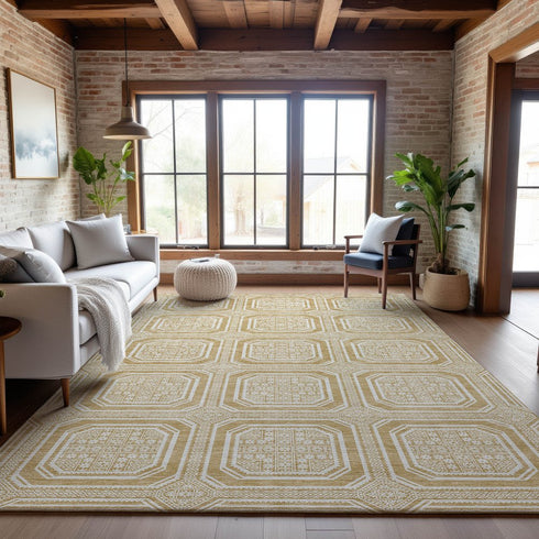 9' X 12' Gold And Ivory Geometric Washable Area Rug With UV Protection