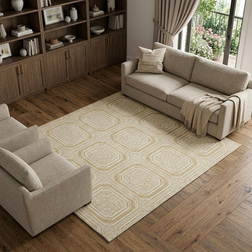 9' X 12' Gold And Ivory Geometric Washable Area Rug With UV Protection
