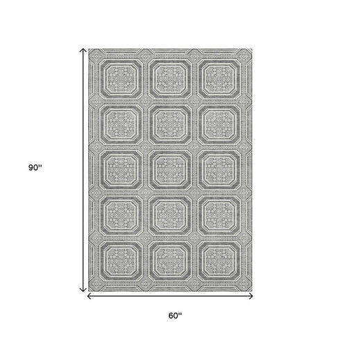 5' X 8' Gray And Ivory Geometric Washable Area Rug With UV Protection