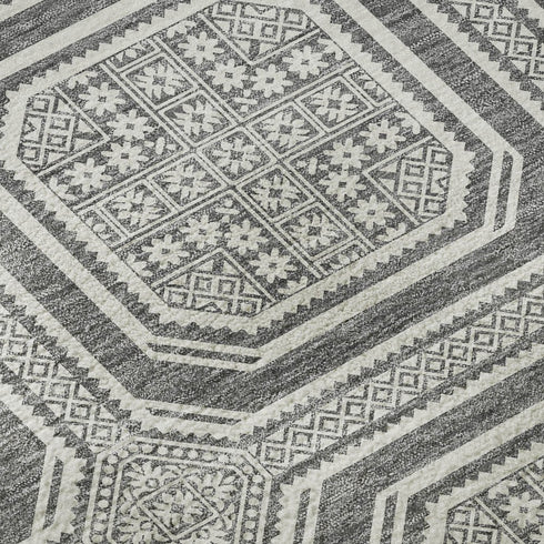 5' X 8' Gray And Ivory Geometric Washable Area Rug With UV Protection