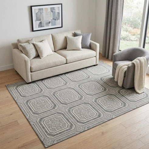 5' X 8' Gray And Ivory Geometric Washable Area Rug With UV Protection