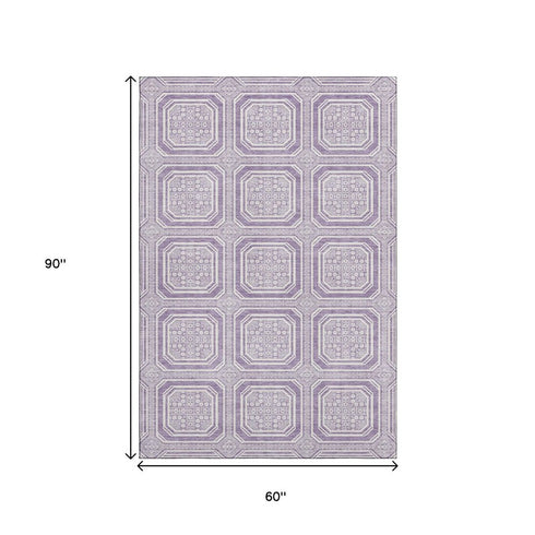 5' X 8' Lavender And Ivory Geometric Washable Area Rug With UV Protection
