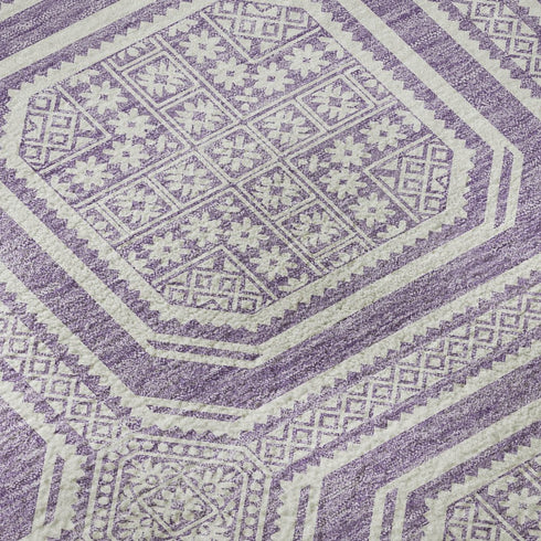 5' X 8' Lavender And Ivory Geometric Washable Area Rug With UV Protection