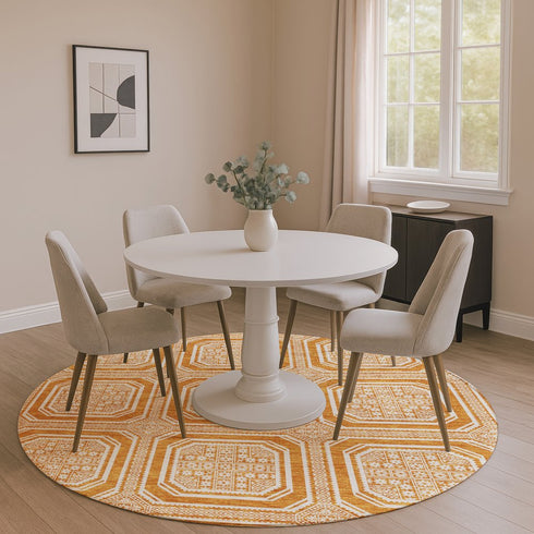 8' X 8' Terra Cotta And Ivory Geometric Washable Round Rug With UV Protection