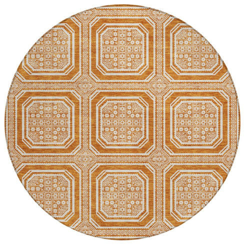 8' X 8' Terra Cotta And Ivory Geometric Washable Round Rug With UV Protection