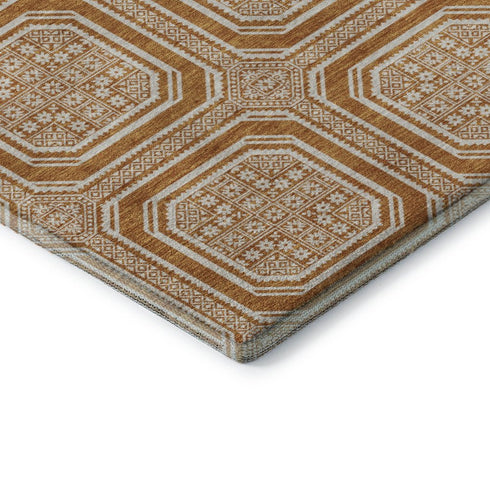 8' X 8' Terra Cotta And Ivory Geometric Washable Round Rug With UV Protection