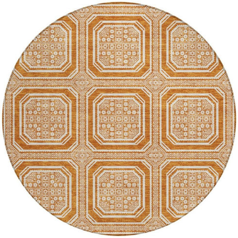 8' X 8' Terra Cotta And Ivory Geometric Washable Round Rug With UV Protection