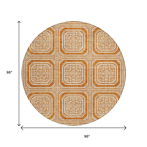 8' X 8' Terra Cotta And Ivory Geometric Washable Round Rug With UV Protection