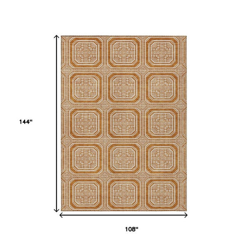 9' X 12' Terra Cotta And Ivory Geometric Washable Area Rug With UV Protection