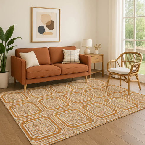 9' X 12' Terra Cotta And Ivory Geometric Washable Area Rug With UV Protection